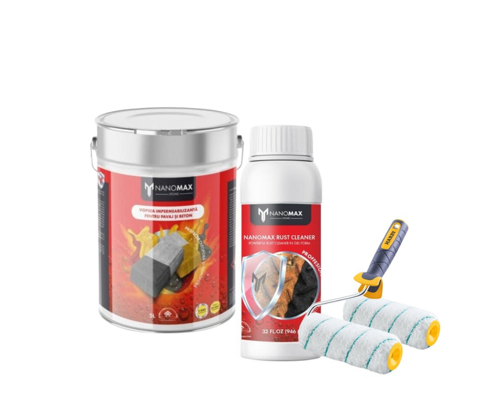 Kit Impermeabilizare Efect Umed + Detergent Curățare Rugină Pavaj & Beton + Trafalet NanoMax
