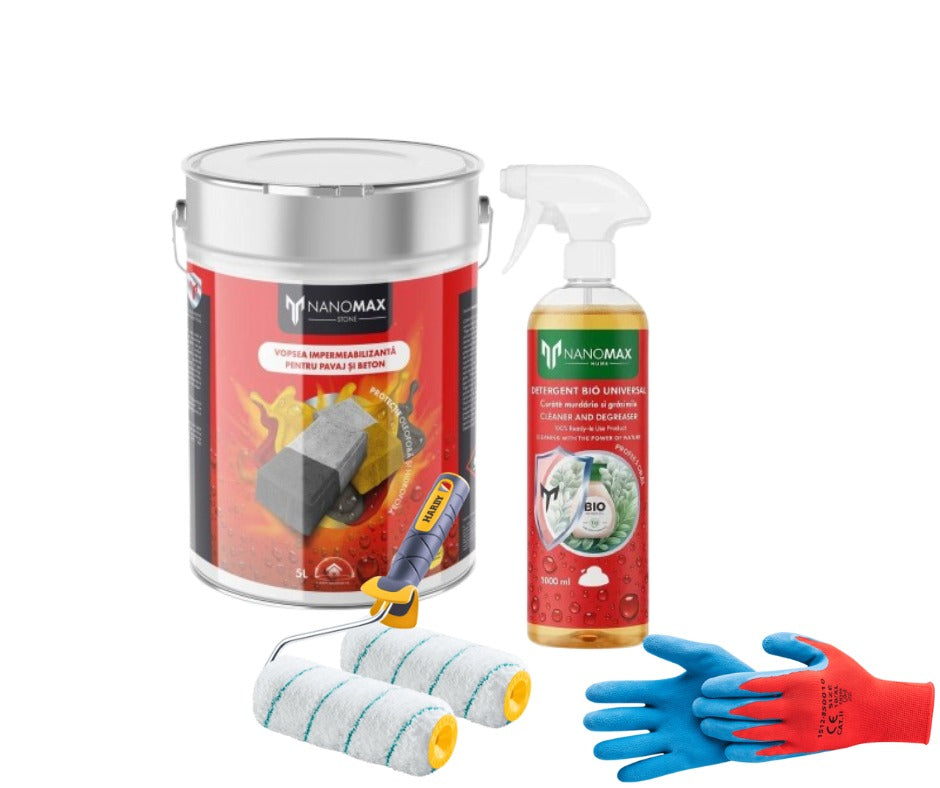 KIT Recondiționare Pavaj Vechi - Detergent Curățare + Vopsea Profesională + Trafalet + Manusi NanoMax