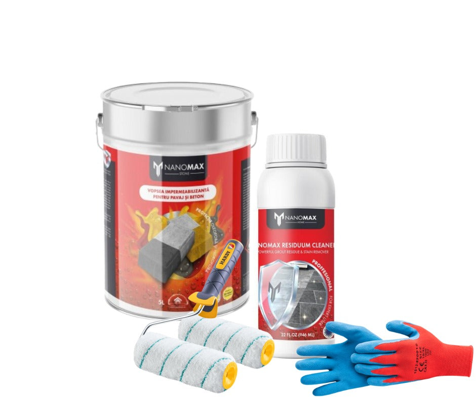 KIT Protectie Sigilant +Detergent Curățare Pete de Ciment, Mortar – Pavaj, Beton, Gresie, Travertin + Trafalet, Manusi NanoMax