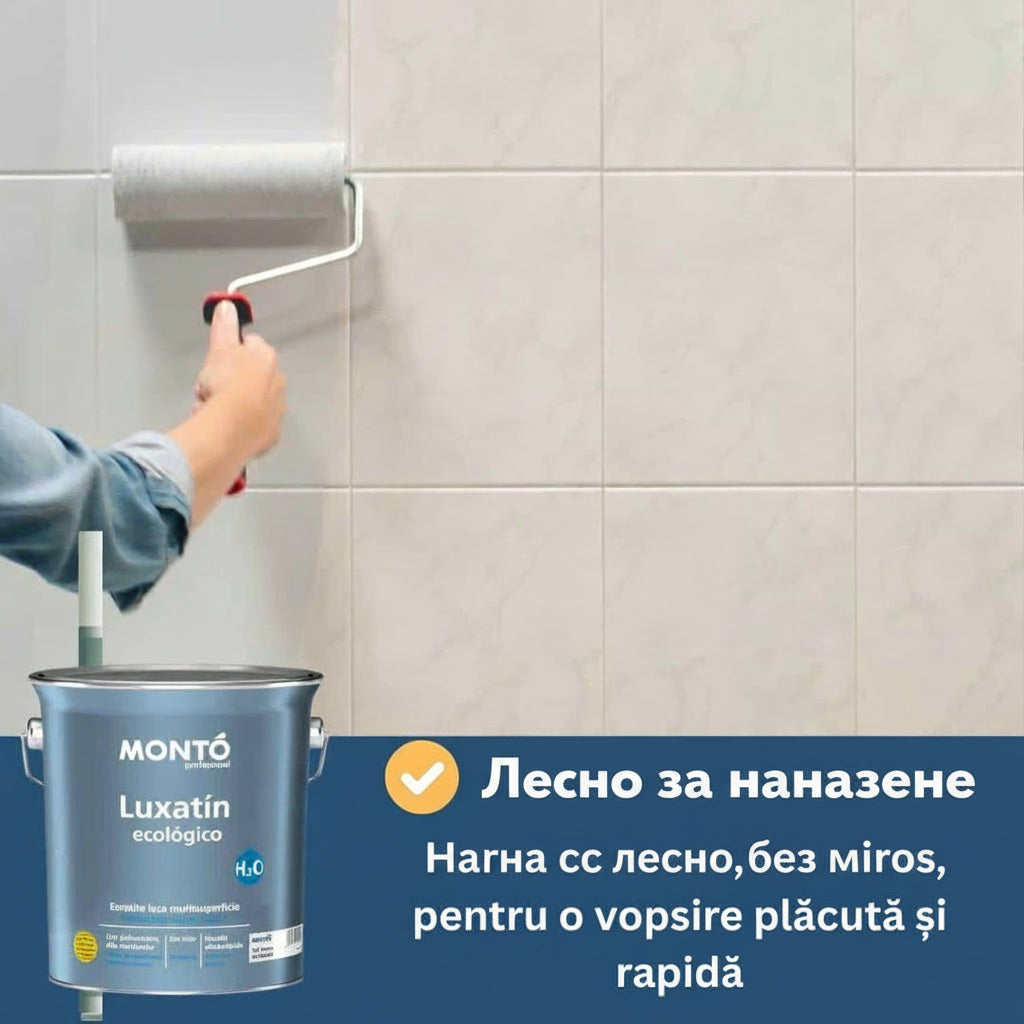 Vopsea pentru faianță Nanomax, alb-pur, aplicată pe ceramică cu rolă.