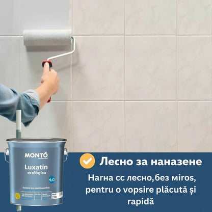 Vopsea pentru faianță Nanomax, alb-pur, aplicată pe ceramică cu rolă.