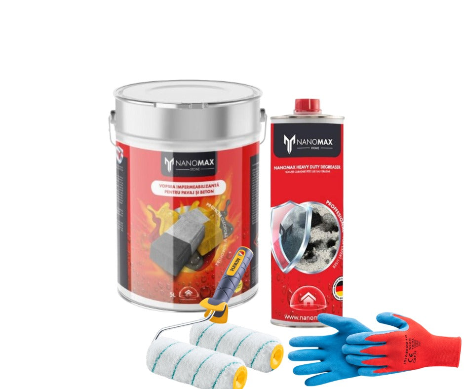KIT Protectie + Curățare Pete de Ulei – Pavaj, Beton, Piatra, Caramida, + Trafalet +Manusi, NanoMax
